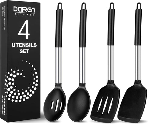 Pack of 4 Large Silicone Cooking Spatulas and Spoons, Slotted and Solid Stainless Steel Cooking Utensils Set, Non-stick Heat Resistant Kitchen for...