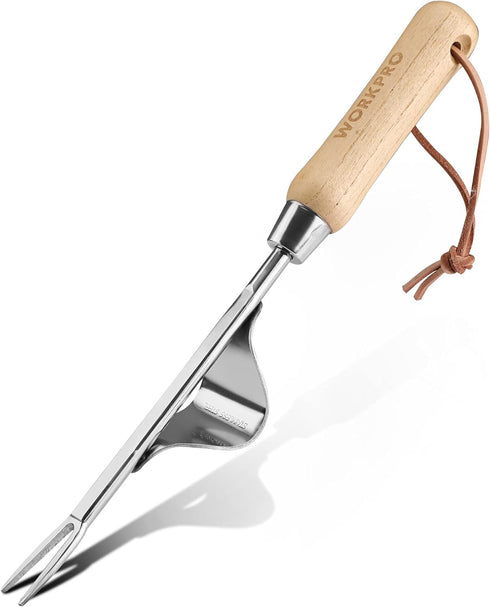 WORKPRO Weed Puller Tool, Metal Leverage Base and V-Shaped Forks for Easy Weed Removal & Deeper Root Digging, Heavy Duty Stainless Steel with Wood...