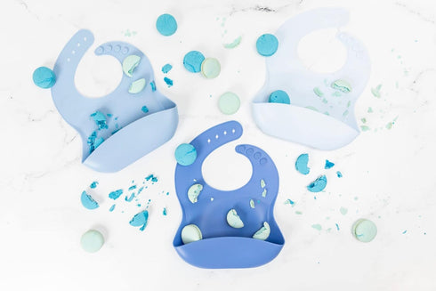 Baby Silicone Bibs Set Of 3 | Muted Blue | Infant Toddler Feeding | Waterproof, Durable, Adjustable...