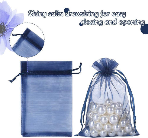 HRX Package 100pcs Organza Gift Bags Navy Blue, 4 x 6 inch Mesh Jewelry Pouches Drawstring Party Favor Bags for Small Sample Christmas Candy...