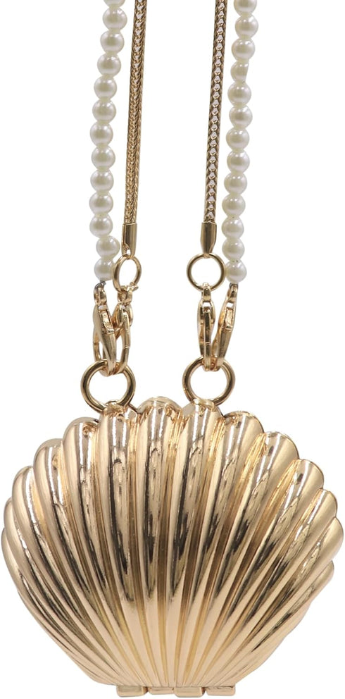 Women Girls Metal Shell Mini Lipstick Shoulder Bags Fashion Pearl Chain Crossbody Bag Purse Handbags...