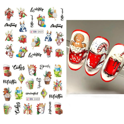 SINSEN Christmas Nail Art Stickers, Winter Nail Decals Water Transfer Xmas Nail Art Supplies Colorful Gingerbread Man Wreath Bell Merry Christmas ...