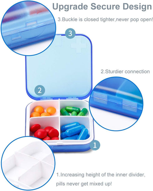 2 Pack Portable Travel Pill Organizer Case for Pocket or Purse Cute Small Daily Pill Box BPA Free Plastic Medicine Vitamin Holder Container (4 Com...