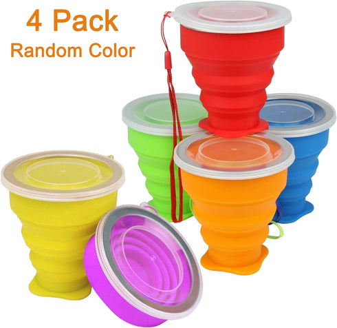 4 Pack Silicone Collapsible Cup with Lid - Ideal for Campers and Travel Enthusiasts - Collapsible Coffee Cup for Convenient Drinking - Camping Cup...
