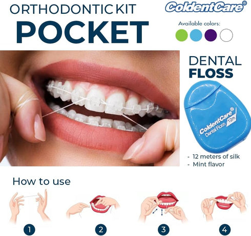 Orthodontic Kit Pocket - Compact and Complete Oral Care Set with Toothbrush, Floss, Wax, Threaders, Interdental Brush, and Case - Available in Cle...