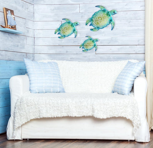 Set of 3 Metal Sea Turtle Beach Theme Decor Wall Art Decorations for Indoor Outdoor Bathroom Garden, Upgraded Hook...
