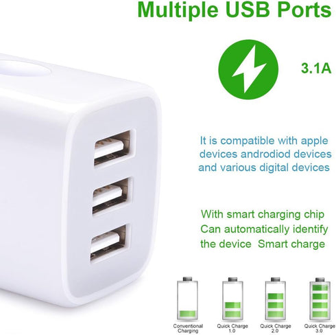 Muti Port USB Wall Charger,Sicodo 3.1Am Universal Travel Charger Block Power Plug Adapter Compatible with iPhone 15/14/13/12/11/X/8/Plus Pro Max M...
