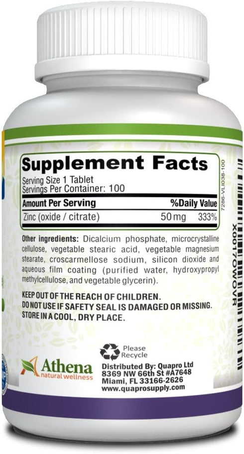 Athena - Zinc Supplement Tablets 50mg - Oxide/Citrate - 100 Coated Tablets...