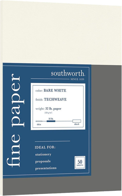 Southworth® Techweave Multi-Use Printer & Copy Paper, Bare White, Letter (8.5" x 11"), 50 Sheets Per Pack, 32 Lb, 96 Brightness...