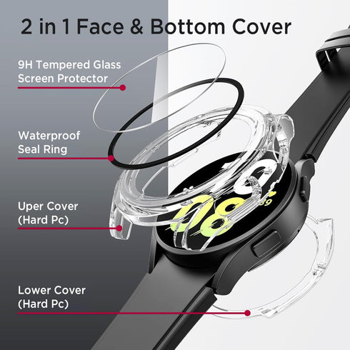 Miimall Waterproof Case for Samsung Galaxy Watch 4 & 5 40mm Protective Bumper Case with Tempered Glass Screen Protector, No Fog Hard PC Cover for ...