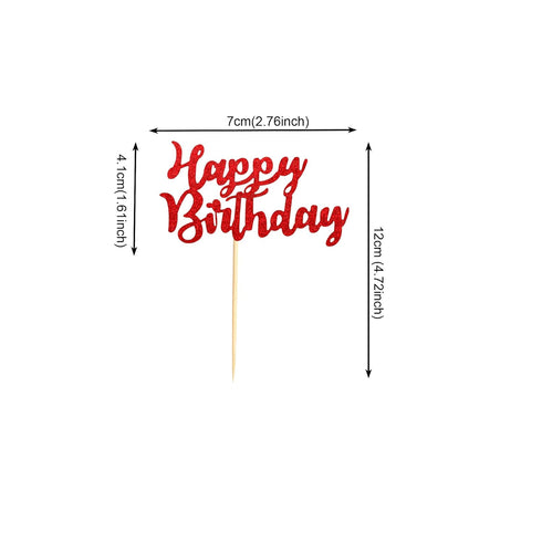Pack of 48 Pre-Assembled Red Glitter Happy Birthday Cupcake Toppers Cake Food Fruit Picks for Celebrating Birthday Party Decoration Supplies...