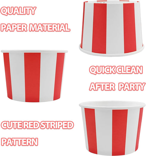 50 Pcs Red White Striped Ice Cream Cups Disposable Paper Snack Bowls 9oz Circus Carnival Paper Dessert Containers For Hot Or Cold Soup Yogurt Chri...