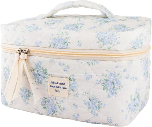 Quilted Cotton Makeup Bag - Blue Cute Floral Travel Cosmetic Bags Large Aesthetic Skincare Pouch with Compartments for Women and Girls Toiletry Or...