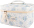 Quilted Cotton Makeup Bag - Blue Cute Floral Travel Cosmetic Bags Large Aesthetic Skincare Pouch with Compartments for Women and Girls Toiletry Or...