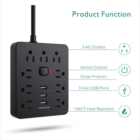 Power Strip Surge Protector with 9 Outlet 3 USB Ports, Fireproof Desktop Charging Station with Flat Plug Wall Mount 5 ft Long Extension Cords for ...