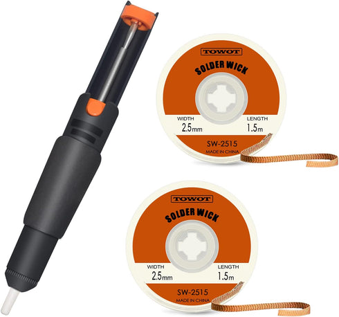TOWOT Desolding Pump & 2PCS Desoldering Wick (Length: 1.5m; Width: 2.5mm) Used to Remove the Solder and Disassemble Electrical Components, No-Clea...