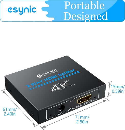 eSynic 4K/30HZ HDMI Splitter 2 Way HDMI Splitter 1 in 2 Out HDMI 1.4 Double Monitors for HDTV PS4 Blu-ray Player Laptop Satellite etc(Not Support ...