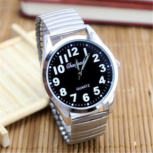 Classic Men’s Easy Reader Big Dial Number Sliver Stainless Steel Expansion Strap Bracelet Elastic Wristwatches (Dial 40 Black)...