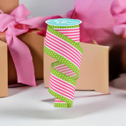 Vertical Stripe & Polka Dot Edge Wired Edge Ribbon - 2.5" x 10 Yards (White, Hot Pink, Lime Green)...