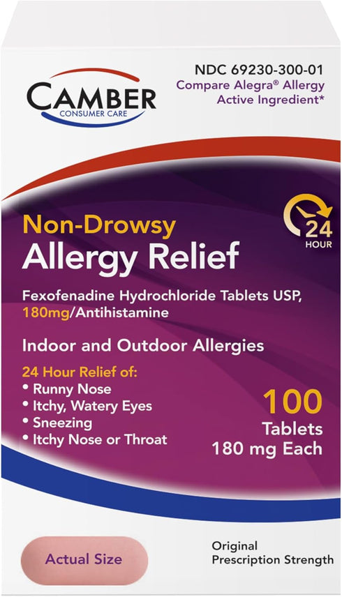 Camber Fexofenadine Antihistamine Non-Drowsy Indoor Outdoor 24hrs Allergy Relief Medicine 100 Tablets...