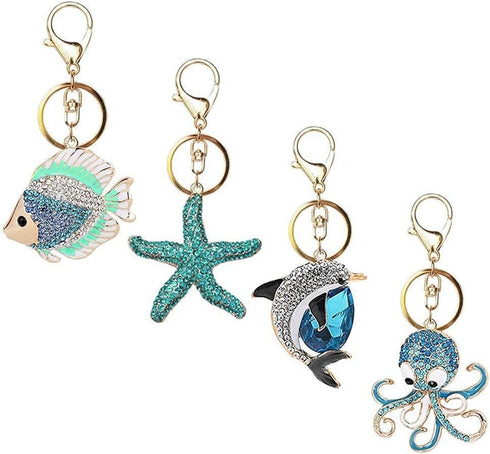 4x Ocean Style Rhinestone Marine Animals Keychains Key Ring Gifts for Women Girls Handbag Dolphin/Starfish/Fish/Octopus Car Bag Pendant Purse Char...