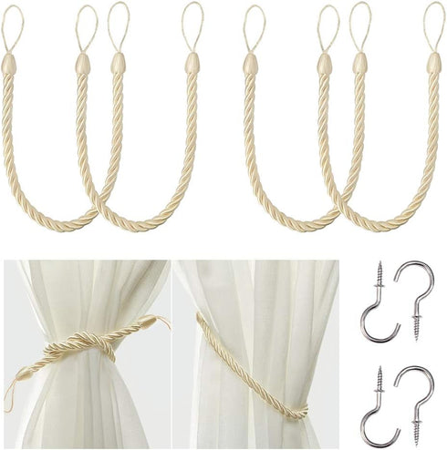 BEL AVENIR Curtain Rope Tiebacks, Drapery Rope Holdbacks with 4 Metal Screw Hooks (Beige, 4pack)...