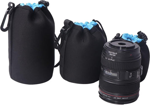 N-S 4 Pack Neoprene Pouch, Soft Plush Camera Lens Pouch, Compatible with Canon, Nikon, Sony, Olympus Pentax Lens Pouches (Black+Blue)...