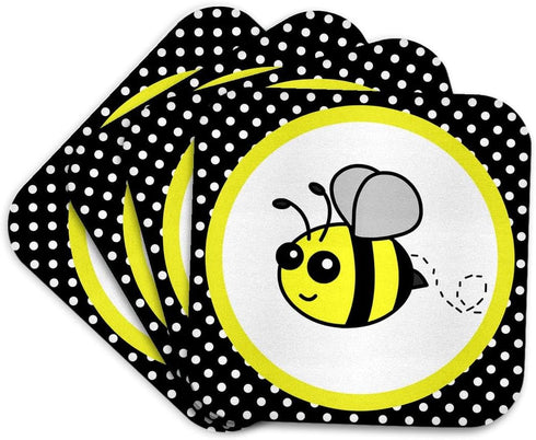 3dRose cst_57078_1 Cute Yellow Bumble Bee on Black and White Polka Dots-Soft Coasters, Set of 4...