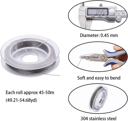 DanLingJewelry 10Rolls 0.45mm Diameter Tiger Tail Wires Craft Jewelry Beading Wires On Spool 8-10m/Roll Stainless Steel Color...