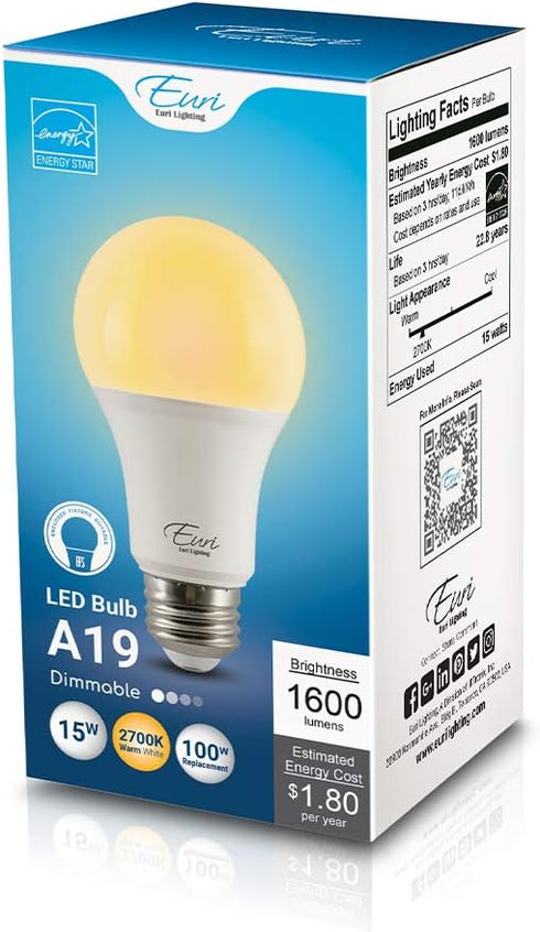Euri Lighting EA19-15W2020e, LED A19 15W (100W Equivalent), 1600lm, Dimmable, 2700K (Warm White) E26 Base, Fully Enclosed Rated, Damp Rated, UL & ...