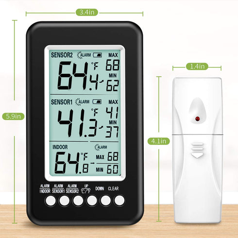 KeeKit Refrigerator Thermometer, Wireless Indoor Outdoor Thermometer with 2 Sensors, Digital Fridge Thermometer with Audible Alarm, Temperature Ga...