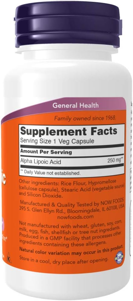 NOW Supplements, Alpha Lipoic Acid 250 mg, Supports Glutathione Production*, Free Radical Scavenger*, 60 Veg Capsules...