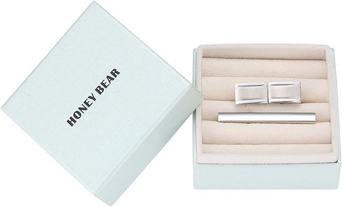HONEY BEAR Rectangle Cufflinks Tie Clip Set for Mens Business Wedding Gift...