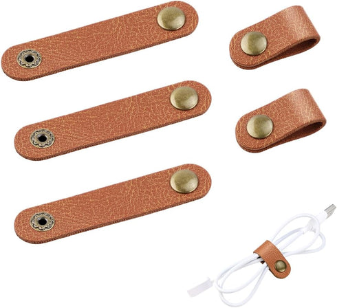 5 Pieces PU Leather Cord Organizer Reusable Cable Organizer Cord Keeper for Cable Straps,wrap Headphone,Earbud case,Headset (Brown)...