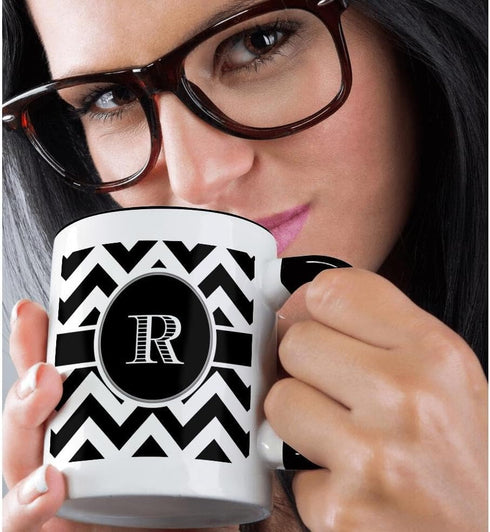 3dRose mug_222080_4 Black and white chevron monogram initial R - Two Tone Black Mug, 11oz...
