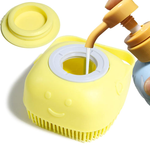 Dog Bathing Brush, Pet Massage Brush Shampoo Dispenser, Soft Silicone Brush Rubber Bristle for Dogs and Cats Shower Grooming (Yellow)...