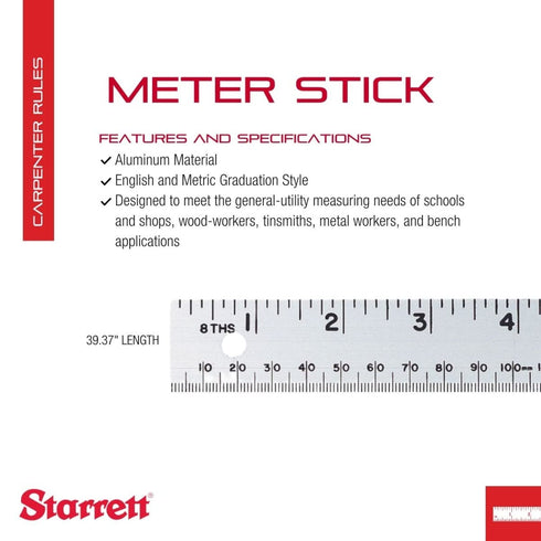 Starrett Aluminum Meter Stick Metric/English - 39.37" Blade Length, 1-1/8" Blade Width, 0.075" Thickness 1mm, 1/8" Graduations - MS-2...