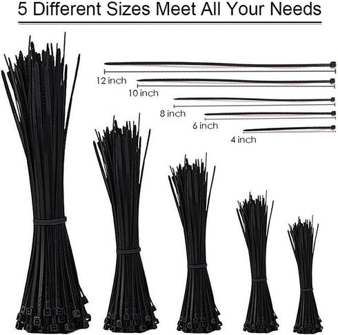 Cable Zip Ties,500 Packs Self-Locking 4+6+8+10+12-Inch Width 0.16inch Nylon Cable Ties,Perfect for Home,Office,Garage and Workshop (Black)...