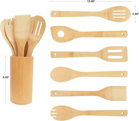 Bamboo Wooden Spoons & Spatulas Set - 6 Pieces Kitchen Cooking Utensils and 1 Holder, Heat Resistant for Non Stick Cookware...