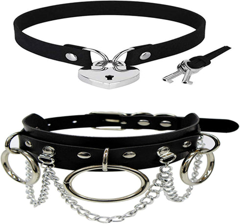 2Pcs Gothic Punk Rock PU Leather Love Heart Choker Collar Necklace Set Personality Key Lock Bell Chain Tassel Clavicle Necklace for Women Girlfrie...