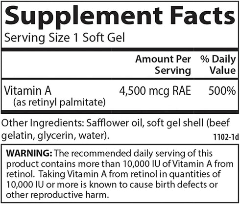 Carlson - Vitamin A, 15000 IU Palmitate (4500 mcg RAE), Vision Health & Healthy Skin, Immune Function, 240 Softgels...