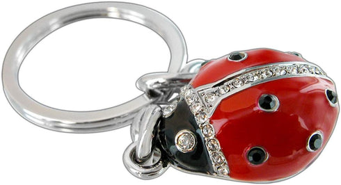 Adorable 3D sparkling ladybug key chain. Surrounded in clear & black crystals. Made of Chrome coated metal for long lasting shine....