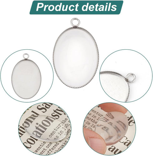 PH PandaHall 20PCS Oval Photo Charms Pendant Blank Trays Bezel, 20PCS Transparent Glass Cabochon Dome Tiles Memorial Photo Pendant for Jewelry Mak...