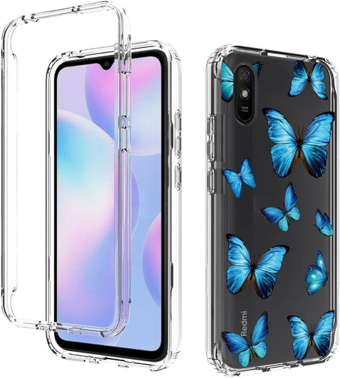 Case for Redmi 9A M2006C3LG/Redmi 9i M2006C3LII Case with Tempered-Glass Screen Protector, Clear Butterfly Pattern Full Body Protective Phone Cove...