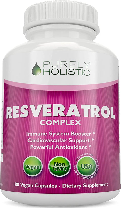 Purely Holistic Resveratrol 1450mg, 90 Servings, Trans-Resveratrol Antioxidant Supplement with Vitamin C and Polyphenol Complex, 180 Vegan Capsule...