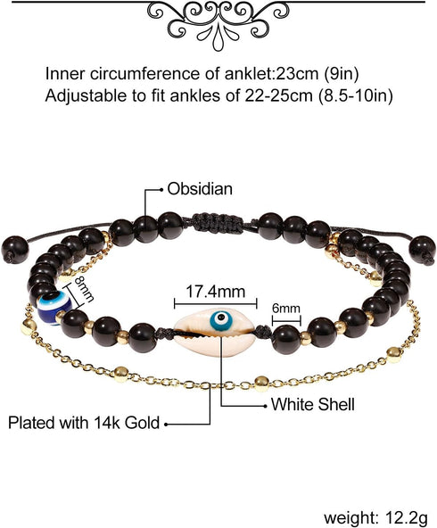 Summer Beach Shell Anklet Jewelry Protection Evil Eye Beaded Natural Obsidian Ankle Bracelets for Women Layered 14k Gold Plated Foot Chain 6mm...