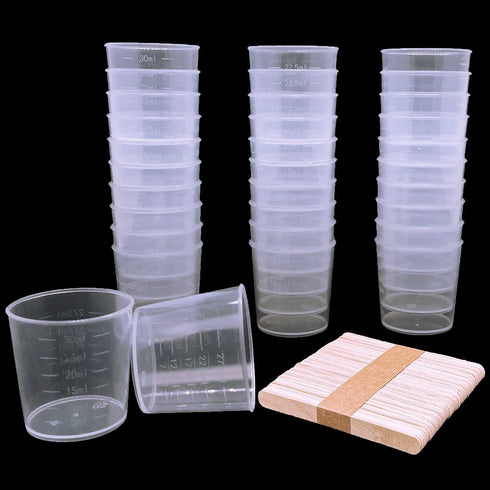60 Pcs Plastic Graduated Cups, 30ml/1oz Clear Scale Cups with 50 Pcs Wooden Stirring Sticks for Epoxy, Resin, Stain, Mixing Paint...