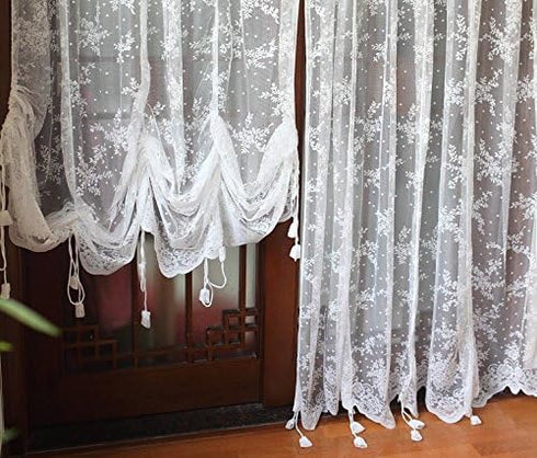 FADFAY Lace Balloon Curtain White Adjustable Tie-Up Curtain Shade, Embroidered Semi Sheer Farmhouse Drape for Living Room Bedroom Dining Room, 1 P...