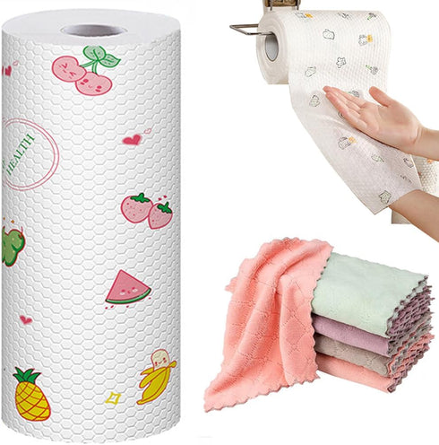 70 Sheets Disposable Towels Cleaning Cloth Dish Cloth Dish Towels Multi-Purpose Wipes and 5 PCS Reusable Microfiber Towels Wash Cloths for Home Ki...