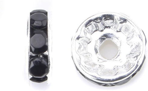 RUBYCA 100pcs 8mm Round Rondelle Spacer Beads Silver Tone Jet Black Czech Crystal for Bracelet Necklace Jewelry Making...
